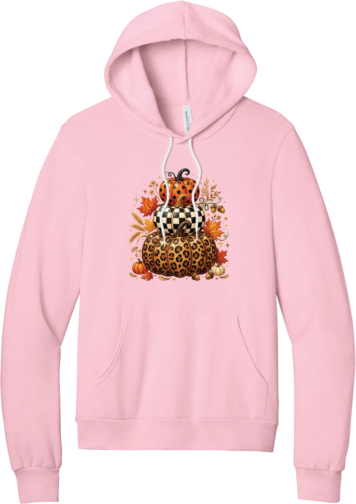 All Stacked Up hoodie in Pink, featuring three stacked pumpkins in polka dot, checkerboard, and leopard with autumn leaves