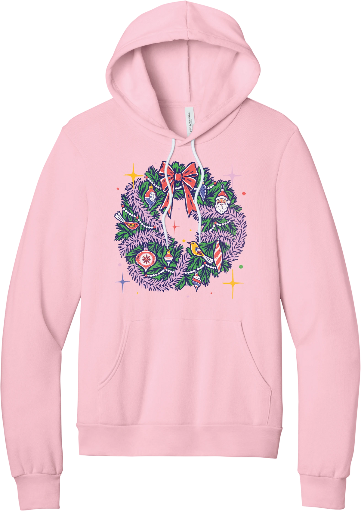 Retro Wreath hoodie in Pink, featuring a retro tinsel Christmas wreath with vintage ornaments and a red bow