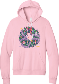 Retro Wreath hoodie in Pink, featuring a retro tinsel Christmas wreath with vintage ornaments and a red bow