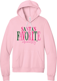 Santa's Favorite, Obviously hoodie in Pink, featuring SANTA'S FAVORITE in pink and green serif lettering with a pink script obviously and a green snowflake