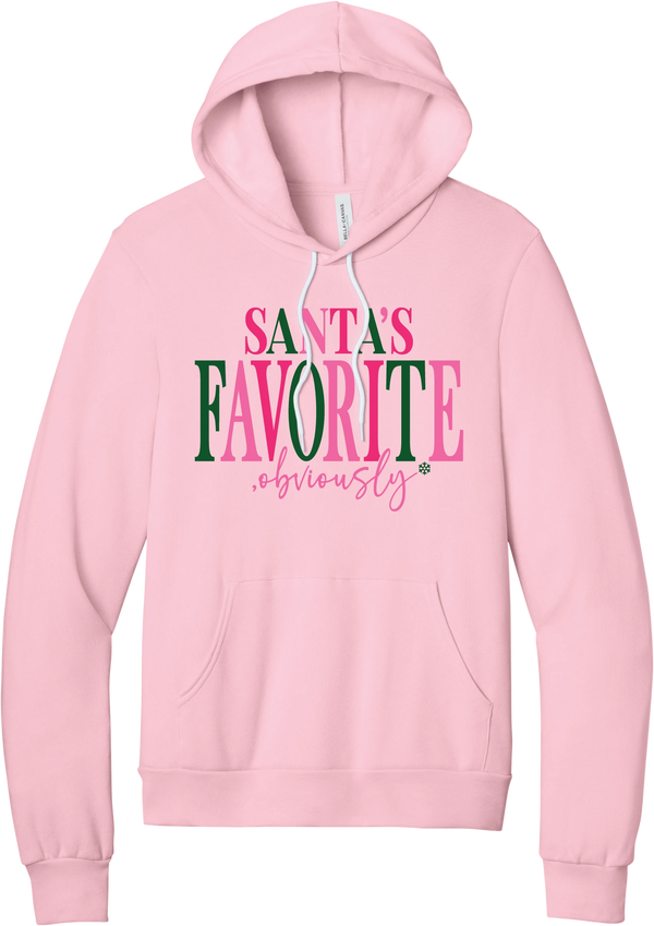 Santa's Favorite, Obviously hoodie in Pink, featuring SANTA'S FAVORITE in pink and green serif lettering with a pink script obviously and a green snowflake