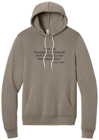 Jane Austen Best Companions Quote hoodie in Tan, featuring Her own thoughts and reflections were habitually her best companions in distressed black typewriter letters