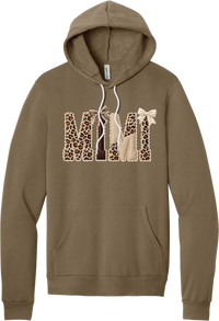 Grandma Leopard Applique hoodie in Vintage Brown, featuring MIMI spelled out in leopard, cream, and chocolate patches with a scalloped stitched applique look and two bows