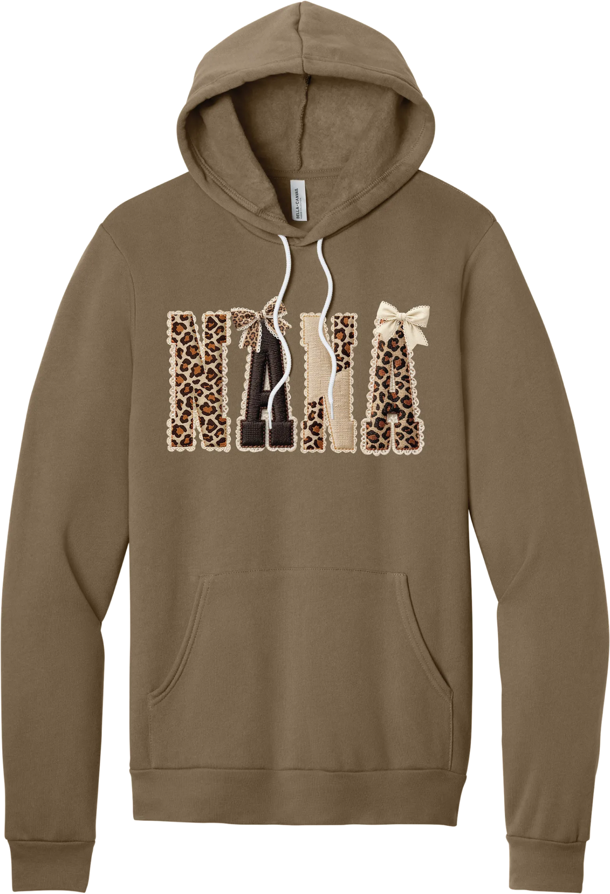Grandma Leopard Applique hoodie in Vintage Brown, featuring NANA spelled out in leopard, cream, and chocolate patches with a scalloped stitched applique look and two bows