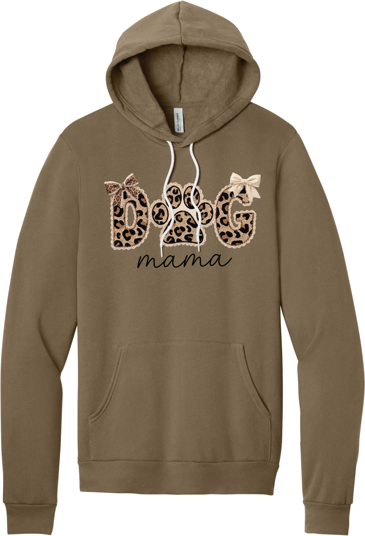 Autumn Dog Mama hoodie in Vintage Brown, featuring leopard print DOG letters with a paw print, cream bows, and mama script
