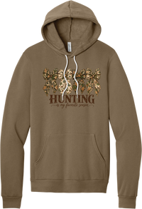 Hunting Is My Favorite Season hoodie in Vintage Brown, featuring four camo coquette bows with antlers, acorns, and deer above Hunting Is My Favorite Season lettering