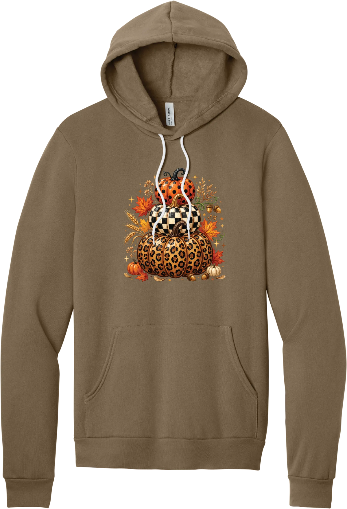 All Stacked Up hoodie in Vintage Brown, featuring three stacked pumpkins in polka dot, checkerboard, and leopard with autumn leaves
