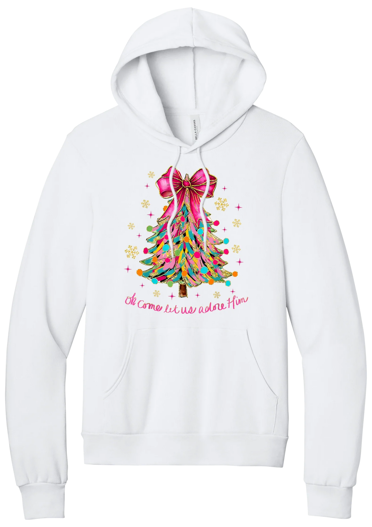 Adore Him Ribbon Tree hoodie in White, featuring a colorful ribbon Christmas tree with a pink bow over Oh Come Let Us Adore Him script
