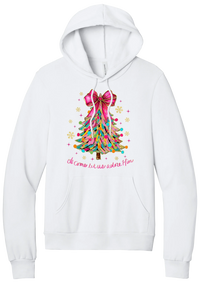 Adore Him Ribbon Tree hoodie in White, featuring a colorful ribbon Christmas tree with a pink bow over Oh Come Let Us Adore Him script