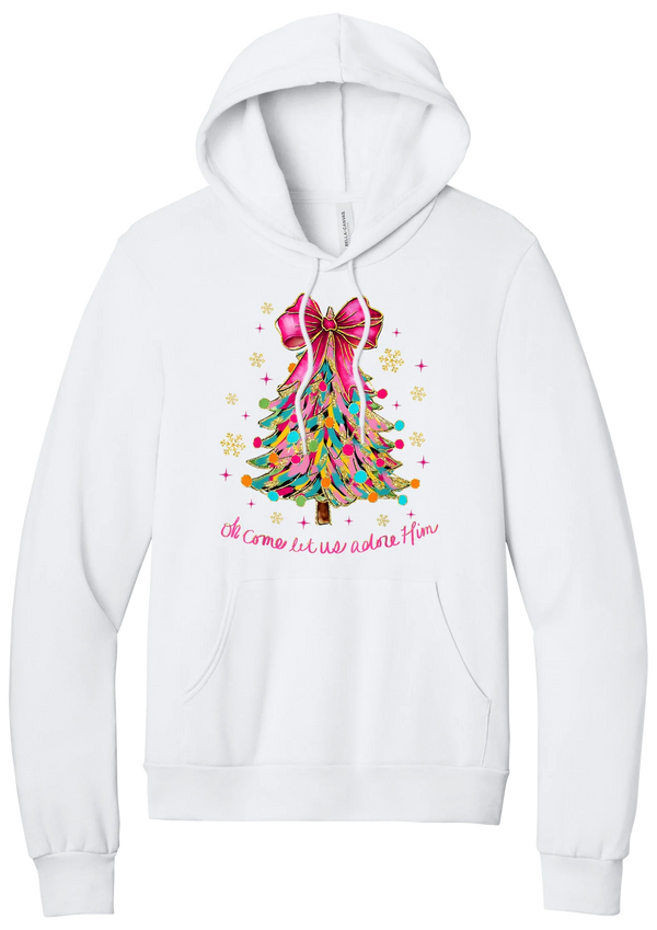 Adore Him Ribbon Tree hoodie in White, featuring a colorful ribbon Christmas tree with a pink bow over Oh Come Let Us Adore Him script