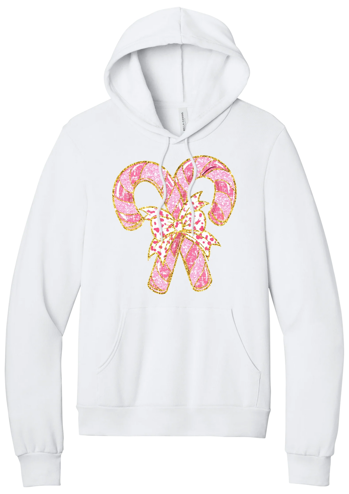 Candy Cane Bow hoodie in White, featuring two pink glitter candy canes tied with a leopard heart bow and gold trim