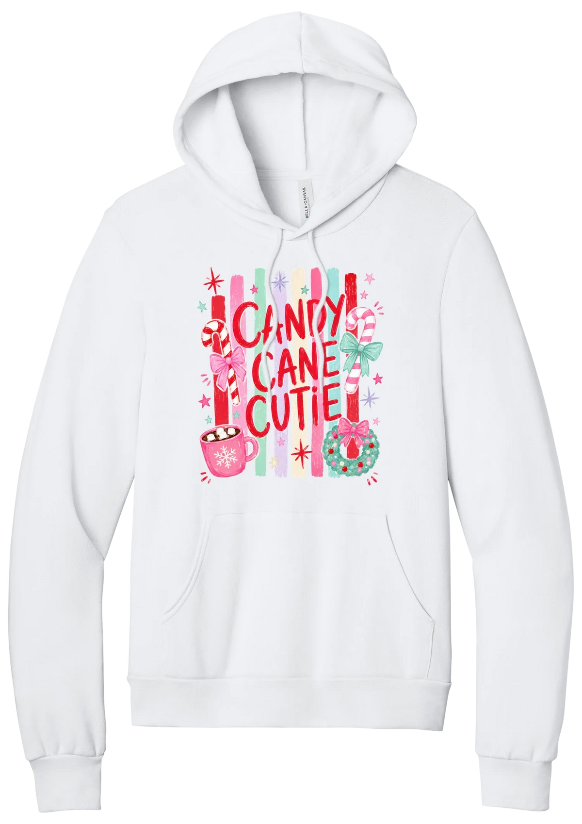 Candy Cane Cutie hoodie in White, featuring red CANDY CANE CUTIE letters on pastel stripes with candy canes, cocoa, and bows