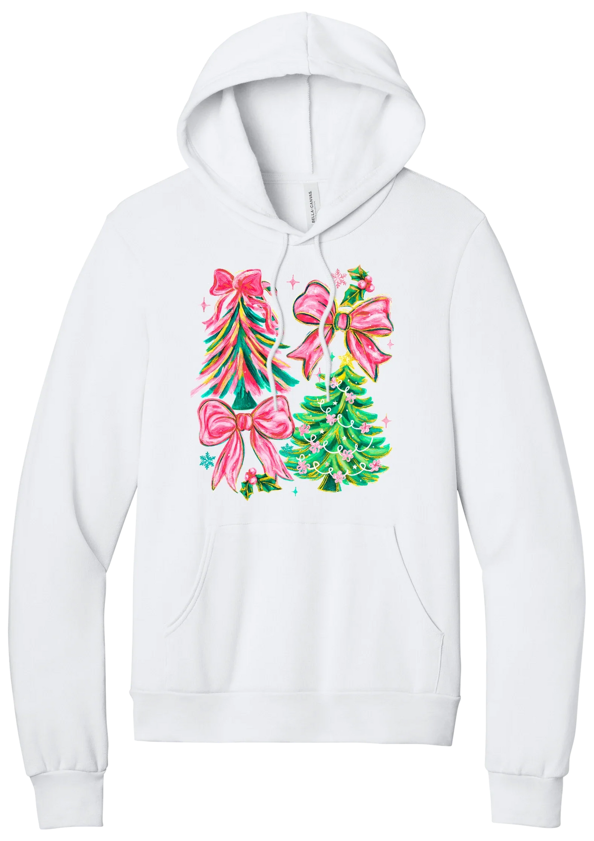 Christmas Tree Bows hoodie in White, featuring painted pink and green Christmas trees with big pink satin bows