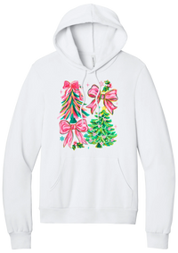 Christmas Tree Bows hoodie in White, featuring painted pink and green Christmas trees with big pink satin bows