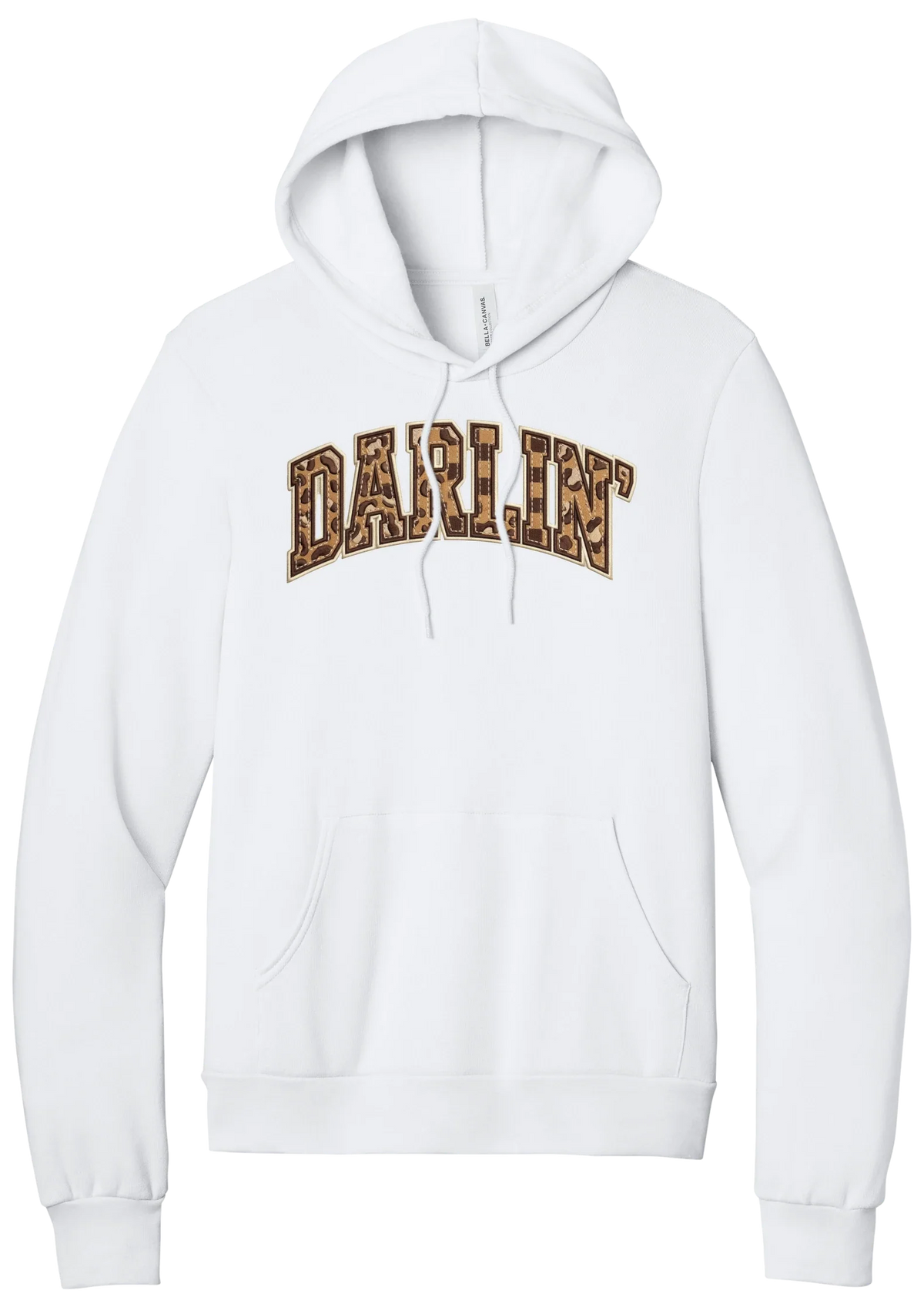 Darlin' hoodie, Checker Outline design, in White, featuring arched varsity DARLIN' letters filled with leopard and checker print