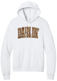 Darlin' hoodie, Leopard Checker design, in White, featuring arched varsity DARLIN' letters filled with leopard and checker print