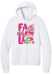 Fa La La Snowman hoodie in White, featuring stacked hot pink FA LA LA letters with a snowman, a tinsel tree, gifts, and ornaments