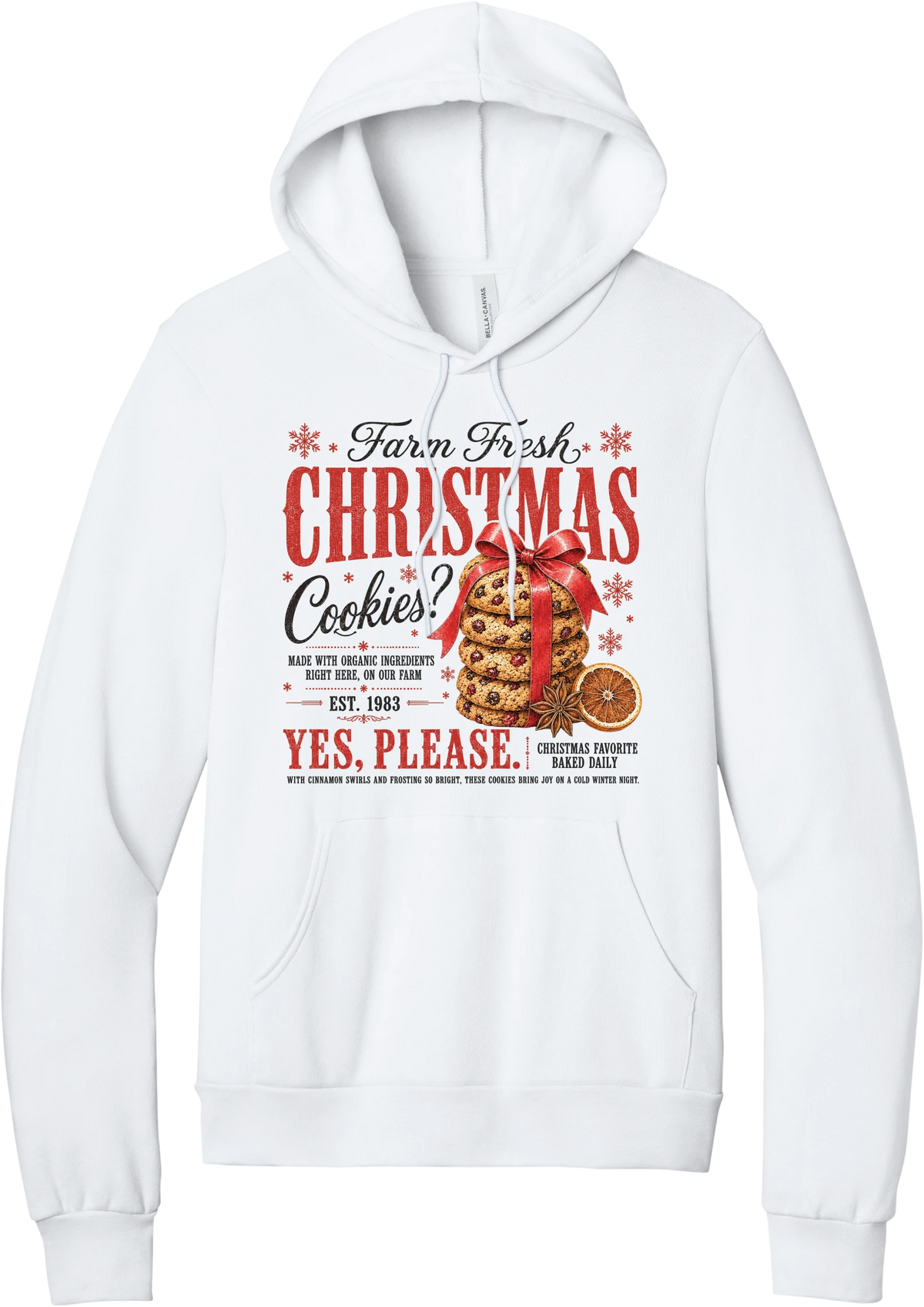 Farm Fresh Christmas Cookies hoodie in White, featuring a vintage farmhouse bakery sign with a stack of Christmas cookies tied in a red bow, a dried orange slice, and red and black lettering