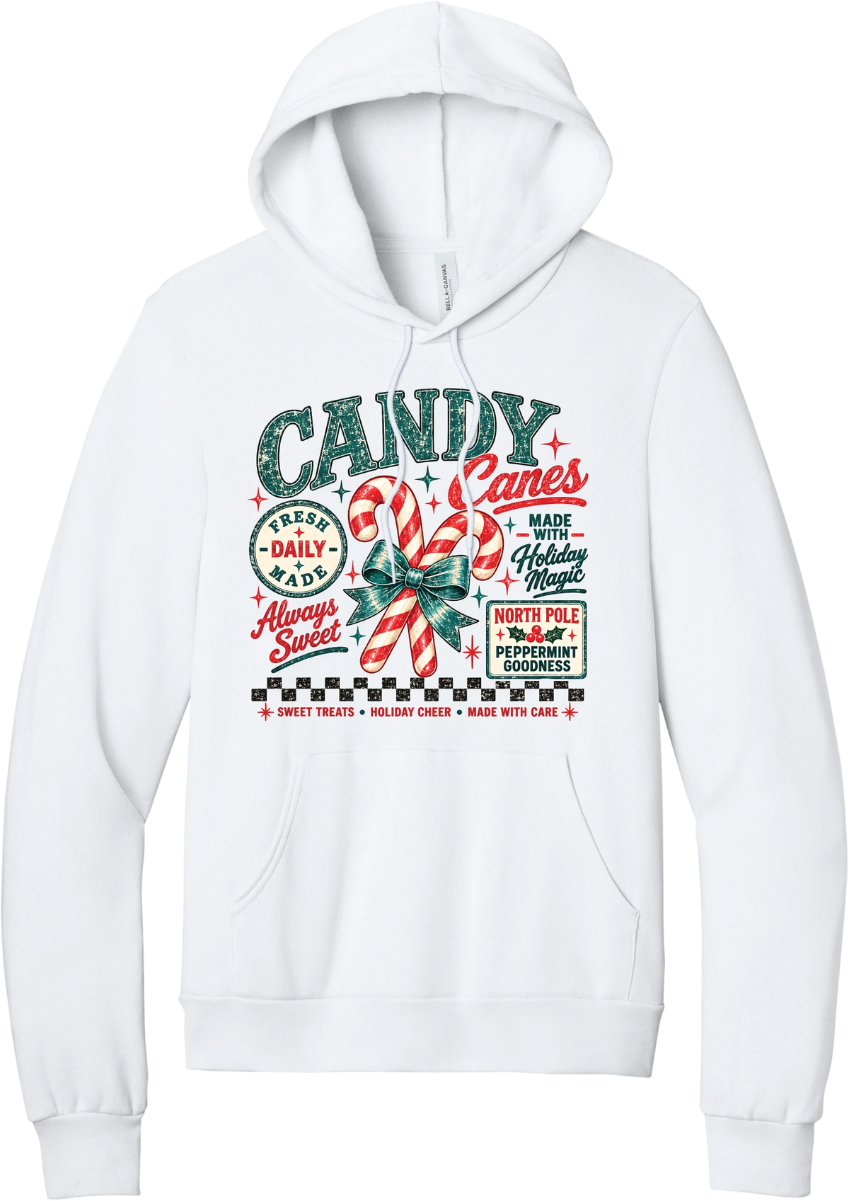 Fresh Candy Canes hoodie in White, featuring vintage candy shop lettering with two striped candy canes tied in a green bow, a North Pole Peppermint Goodness sign, and a checkerboard stripe