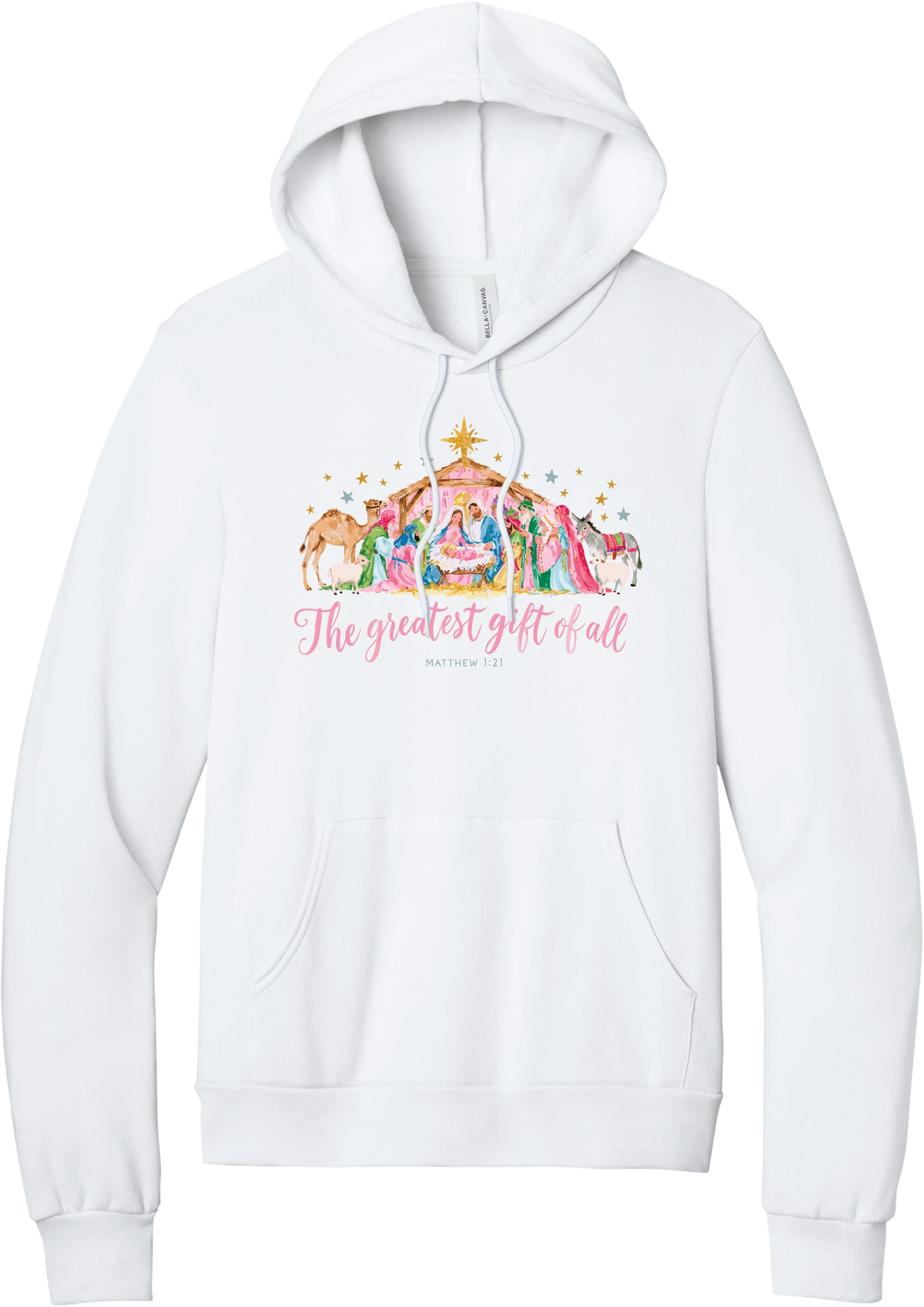 The Greatest Gift of All hoodie in White, featuring a pastel watercolor nativity scene under the star with The Greatest Gift of All script and Matthew 1:21
