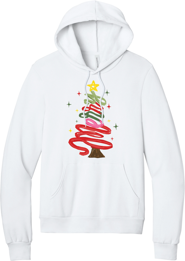 Hand Script Merry Christmas Tree hoodie in White, featuring loopy hand-drawn script in red, pink, and green forming a Christmas tree with a gold star and sparkles