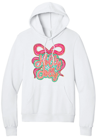 Holly Jolly Bow Script hoodie in White, featuring pink gingham Holly Jolly script on a teal badge framed by a big pink bow