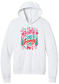 Holly Jolly Honey hoodie in White, featuring red and teal Holly Jolly Honey script with candy cane stripes, bottle brush trees, and a snowman