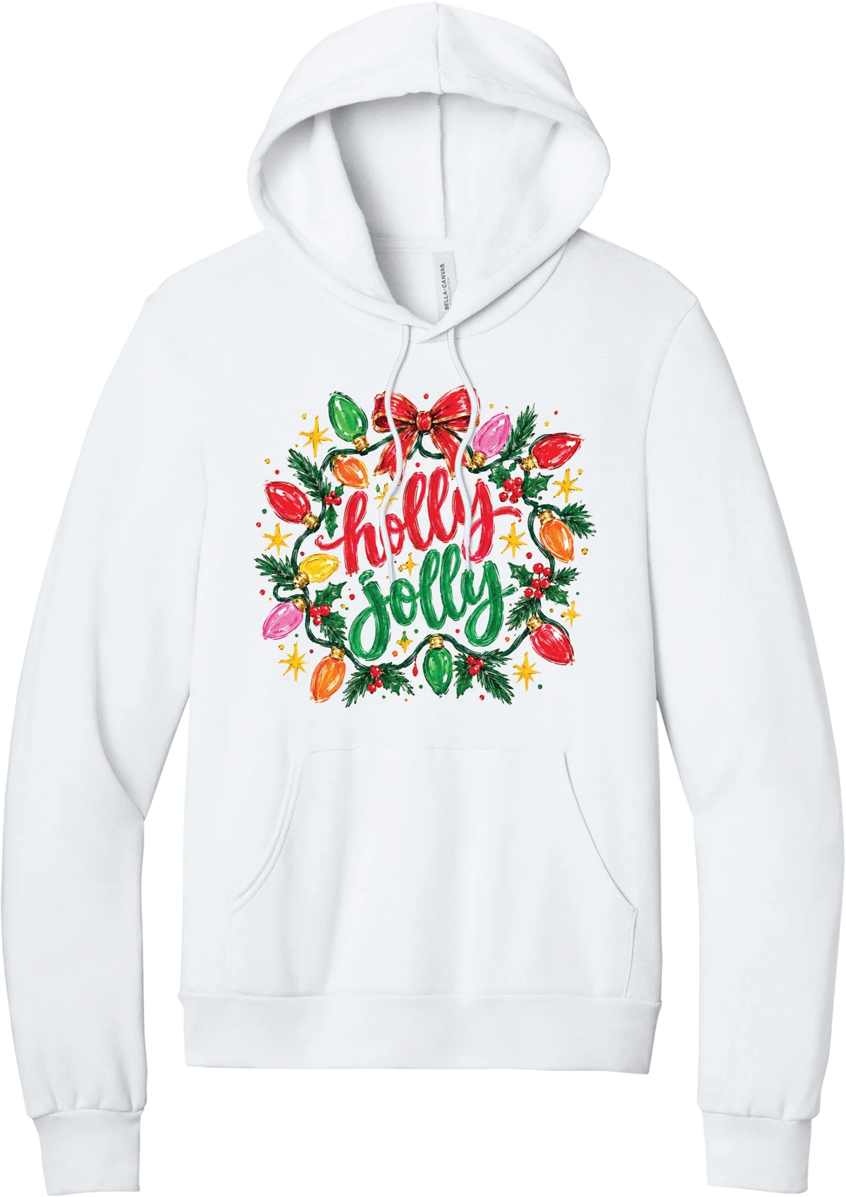 Holly Jolly Christmas Lights hoodie in White, featuring hand-lettered holly jolly script framed by vintage Christmas bulb lights, pine, holly berries, and a red bow