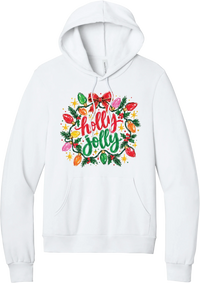 Holly Jolly Christmas Lights hoodie in White, featuring hand-lettered holly jolly script framed by vintage Christmas bulb lights, pine, holly berries, and a red bow