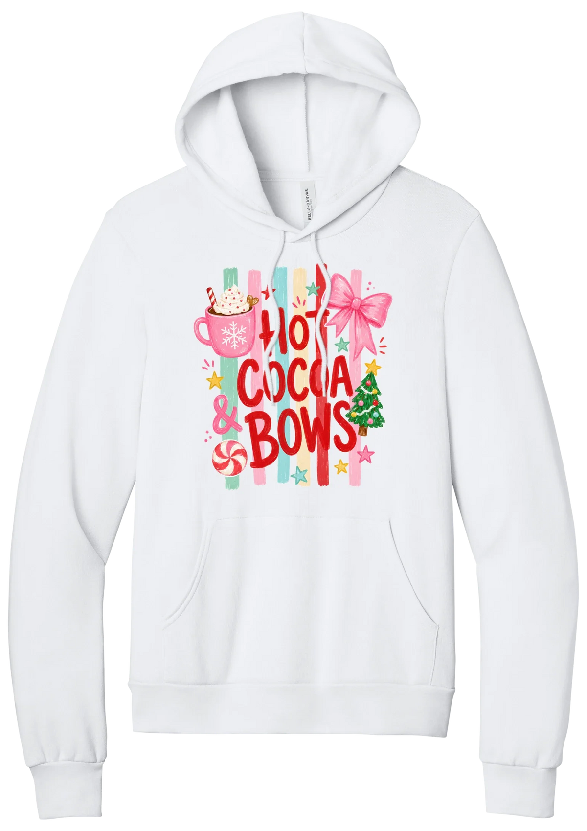 Hot Cocoa and Bows hoodie in White, featuring red HOT COCOA and BOWS letters on pastel stripes with a cocoa mug and a pink bow