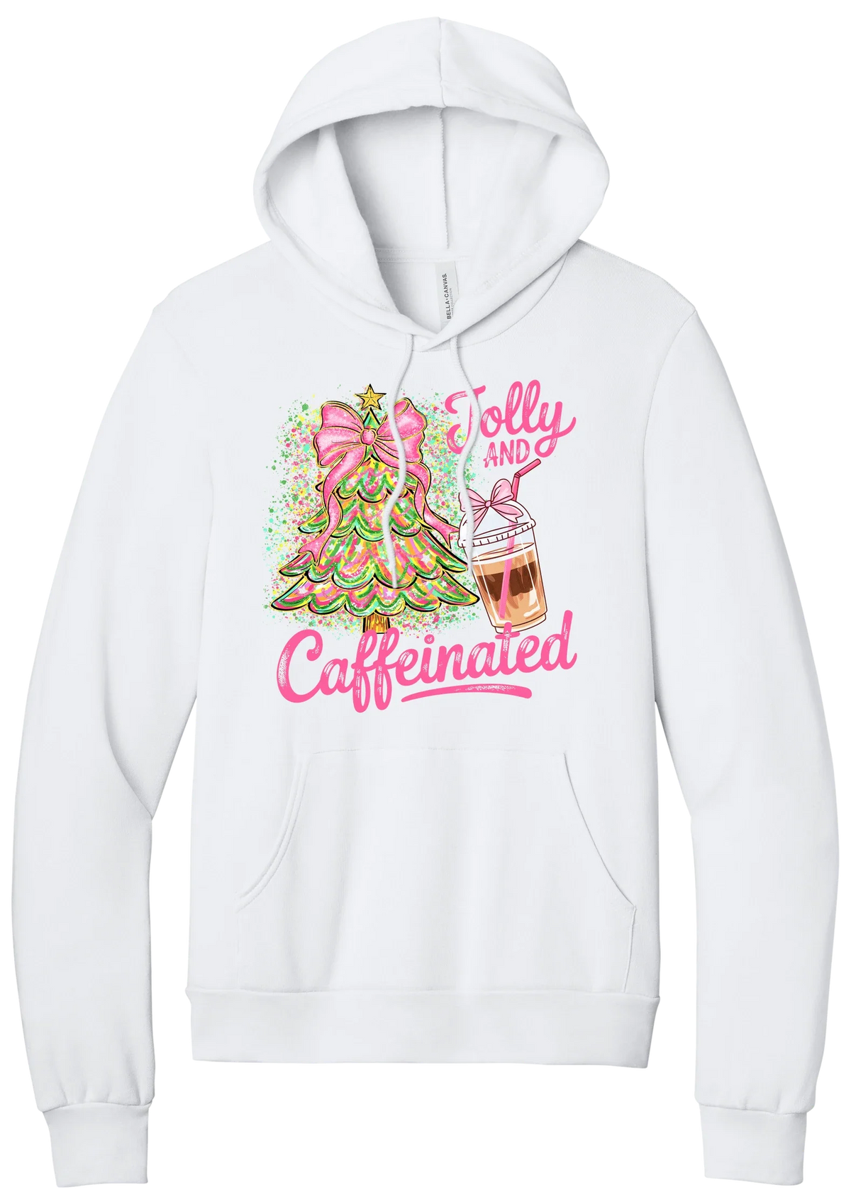 Jolly and Caffeinated hoodie in White, featuring a pink bow Christmas tree and an iced coffee with Jolly and Caffeinated script
