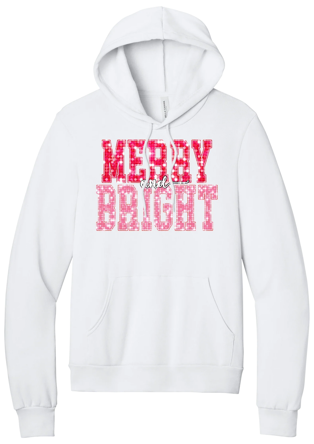 Merry and Bright Sequin hoodie in White, featuring varsity MERRY and BRIGHT letters with a pink and red sequin look