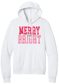Merry and Bright Sequin hoodie in White, featuring varsity MERRY and BRIGHT letters with a pink and red sequin look
