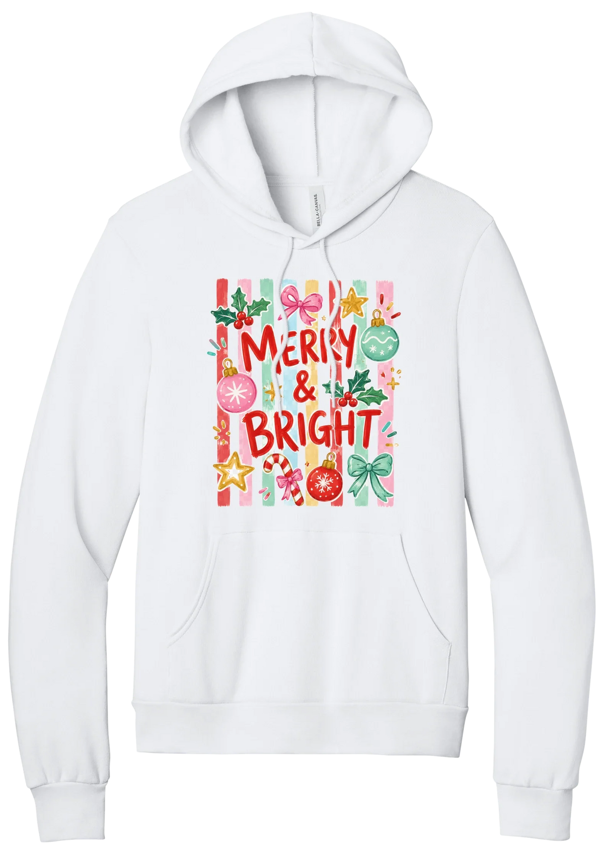 Merry and Bright Striped hoodie in White, featuring red MERRY and BRIGHT letters on pink and green stripes with ornaments and holly