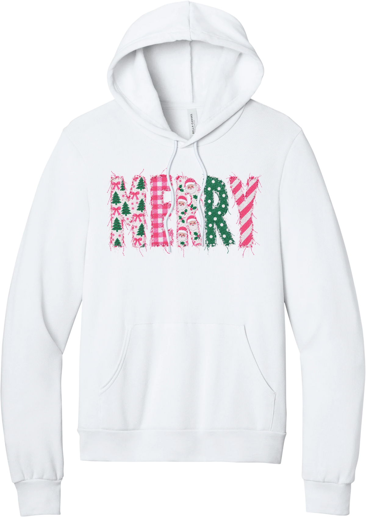 Merry Preppy Applique hoodie in White, featuring faux applique MERRY letters in pink and green patchwork patterns with trees, gingham, Santas, polka dots, and candy cane stripes