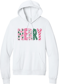 Merry Preppy Applique hoodie in White, featuring faux applique MERRY letters in pink and green patchwork patterns with trees, gingham, Santas, polka dots, and candy cane stripes