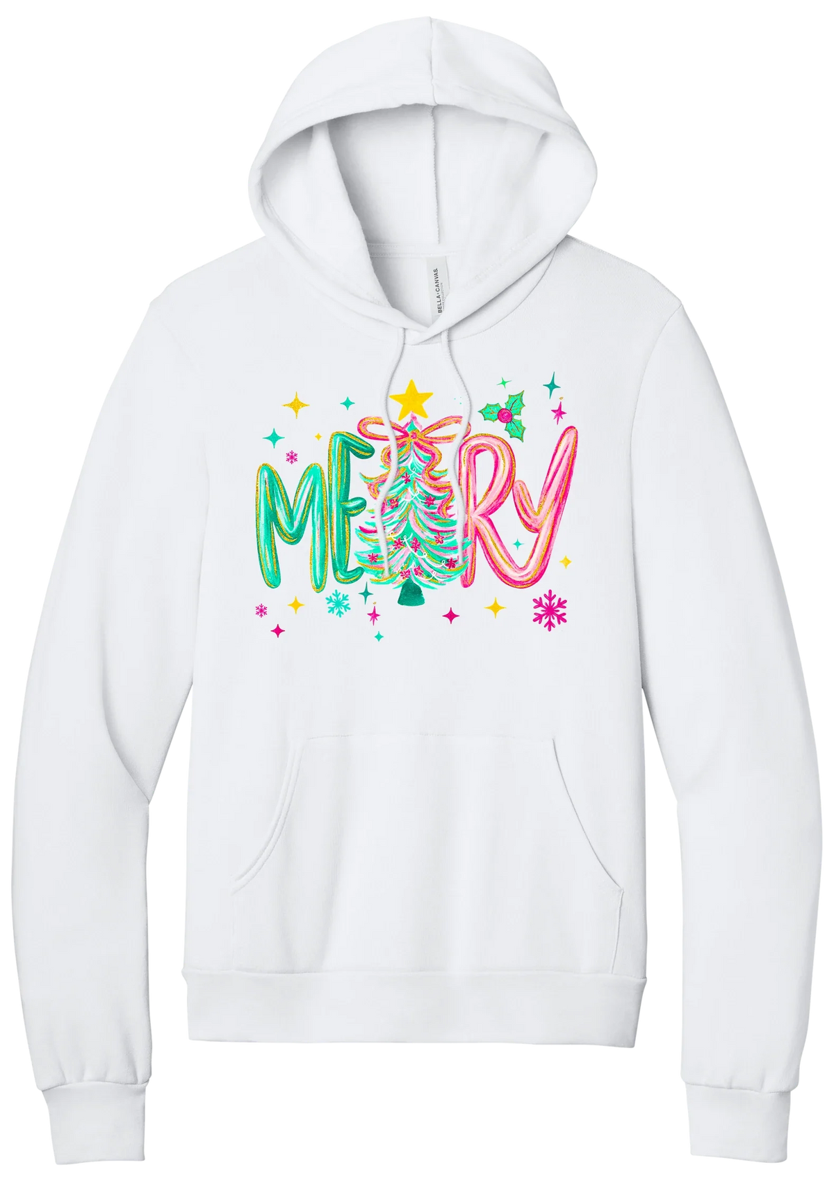 Merry Tinsel Tree hoodie in White, featuring puffy teal and pink MERRY letters around a tinsel Christmas tree with a gold star