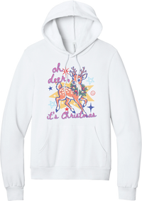 Oh Deer Retro hoodie in White, featuring a retro spotted fawn with a holly wreath, pastel stars, and Oh Deer It's Christmas script
