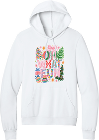 Oh What Fun hoodie in White, featuring hand-painted Oh What Fun letters with pink bows, whimsical Christmas trees, and ornaments