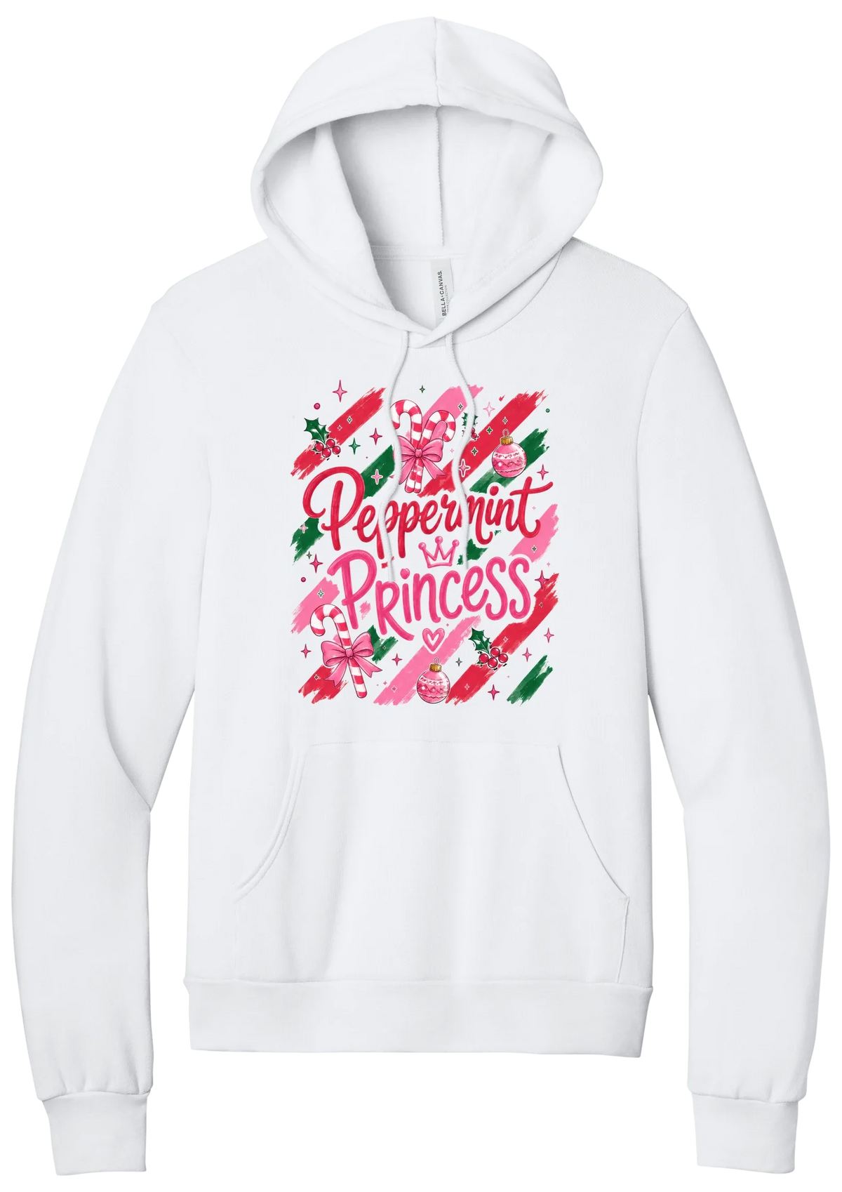 Peppermint Princess hoodie in White, featuring pink Peppermint Princess script with candy canes, a crown, and bows on red and green brush strokes