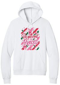 Peppermint Princess hoodie in White, featuring pink Peppermint Princess script with candy canes, a crown, and bows on red and green brush strokes