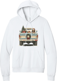 Christmas Pickup Truck with Dog hoodie in White, featuring a vintage pickup truck with a Christmas tree, wrapped gifts, a tailgate wreath, and a dog in a Santa hat