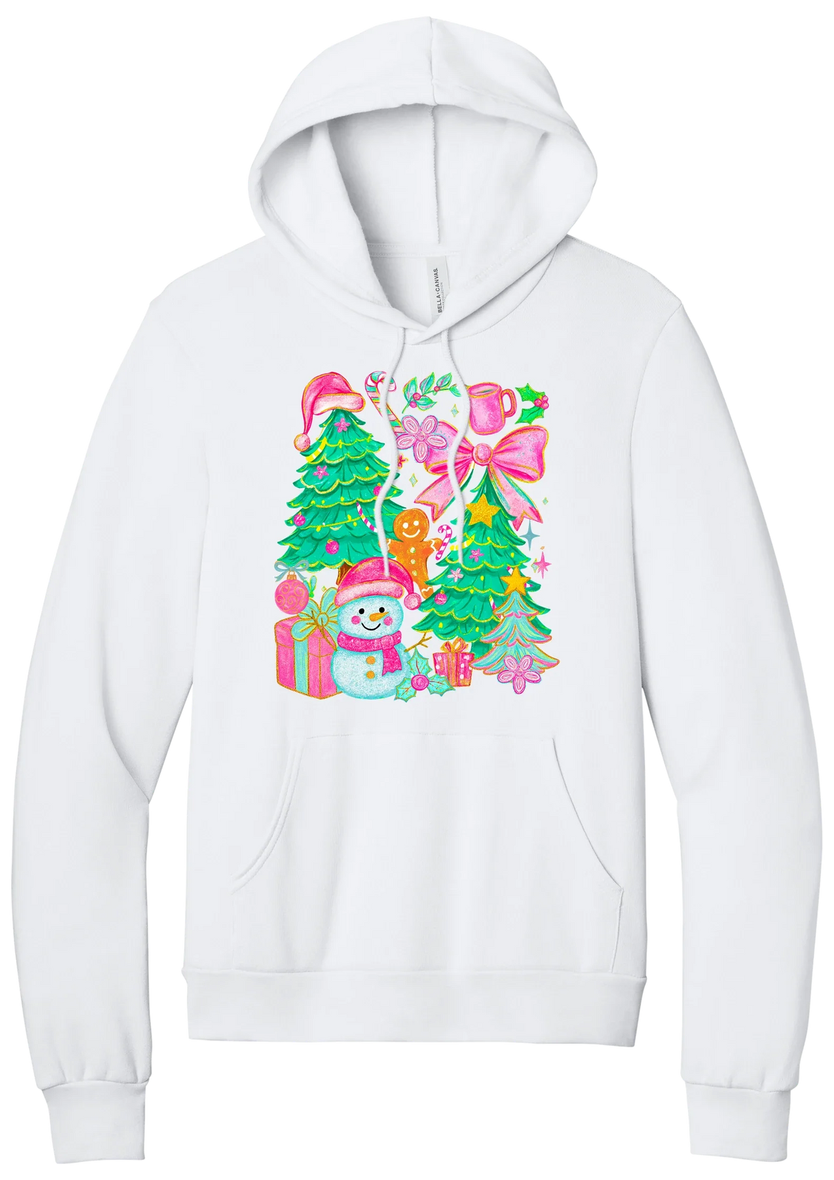 Preppy Christmas Doodle hoodie in White, featuring a doodle collage of Christmas trees, a snowman, a gingerbread man, gifts, and pink bows