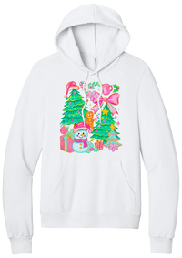 Preppy Christmas Doodle hoodie in White, featuring a doodle collage of Christmas trees, a snowman, a gingerbread man, gifts, and pink bows
