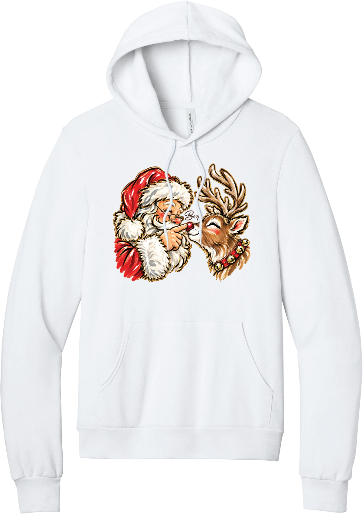 Santa and Rudolph Boop hoodie in White, featuring a hand-painted vintage Santa booping a smiling reindeer on its red nose