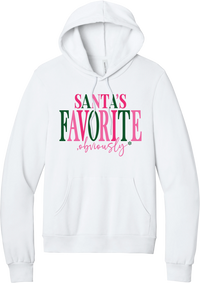 Santa's Favorite, Obviously hoodie in White, featuring SANTA'S FAVORITE in pink and green serif lettering with a pink script obviously and a green snowflake