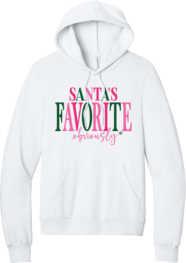 Santa's Favorite, Obviously hoodie in White, featuring SANTA'S FAVORITE in pink and green serif lettering with a pink script obviously and a green snowflake