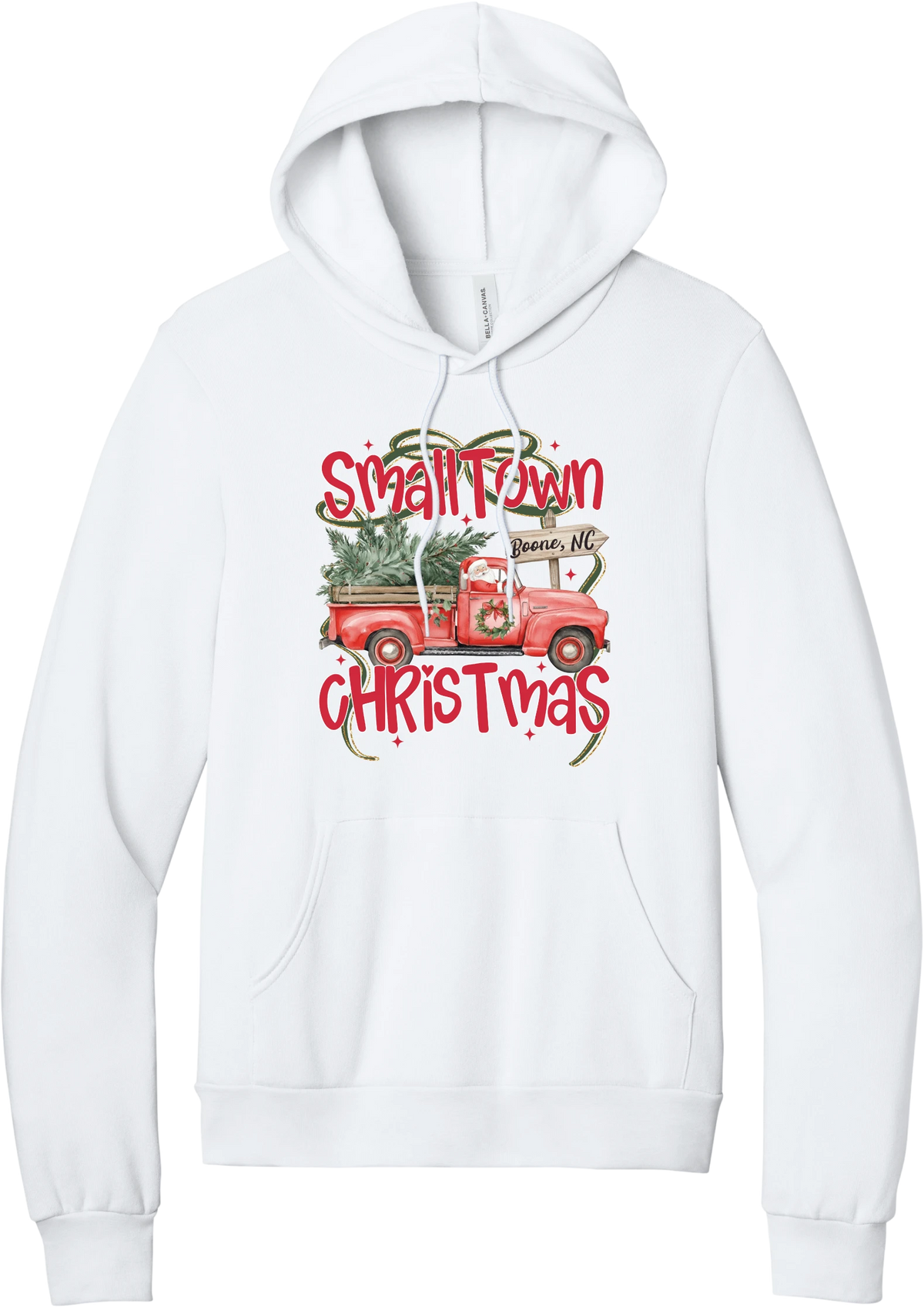 Personalized Small Town Christmas hoodie in White, featuring Santa in a vintage red pickup truck hauling a Christmas tree past a personalized town road sign, with red Small Town Christmas lettering