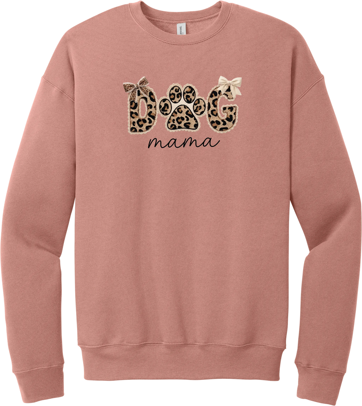 Autumn Dog Mama crewneck sweatshirt in Mauve, featuring leopard print DOG letters with a paw print, cream bows, and mama script