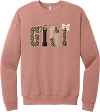 Grandma Leopard Applique crewneck sweatshirt in Mauve, featuring GIGI spelled out in leopard, cream, and chocolate patches with a scalloped stitched applique look and two bows